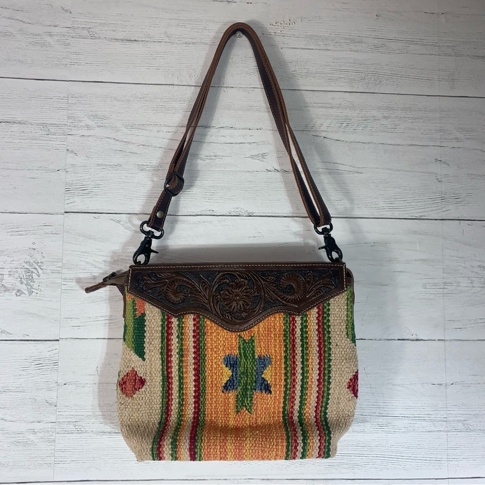 Myra handmade tooled bag leather & cotton carve detachable strap